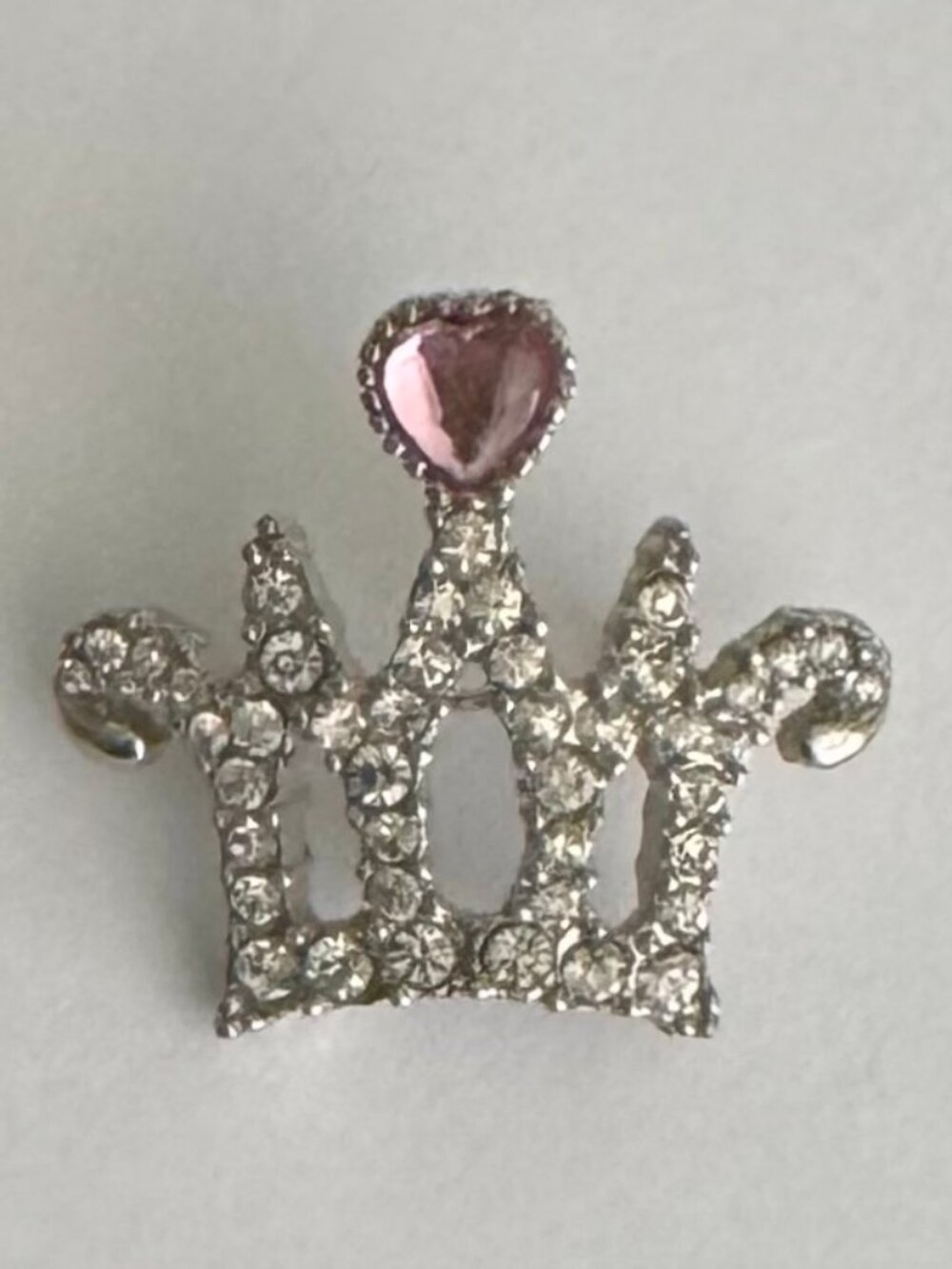 Vintage Silver Tone Rhinestone Crown Brooch Pink Heart Crystal Pin, MINT! - Picture 5 of 9